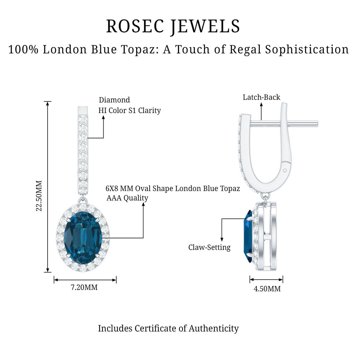 Oval London Blue Topaz and diamond hoop drop earrings by Rosec Jewels featuring elegant gemstone and sparkling diamond accents.