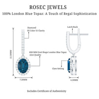 Oval London Blue Topaz and diamond hoop drop earrings by Rosec Jewels featuring elegant gemstone and sparkling diamond accents.