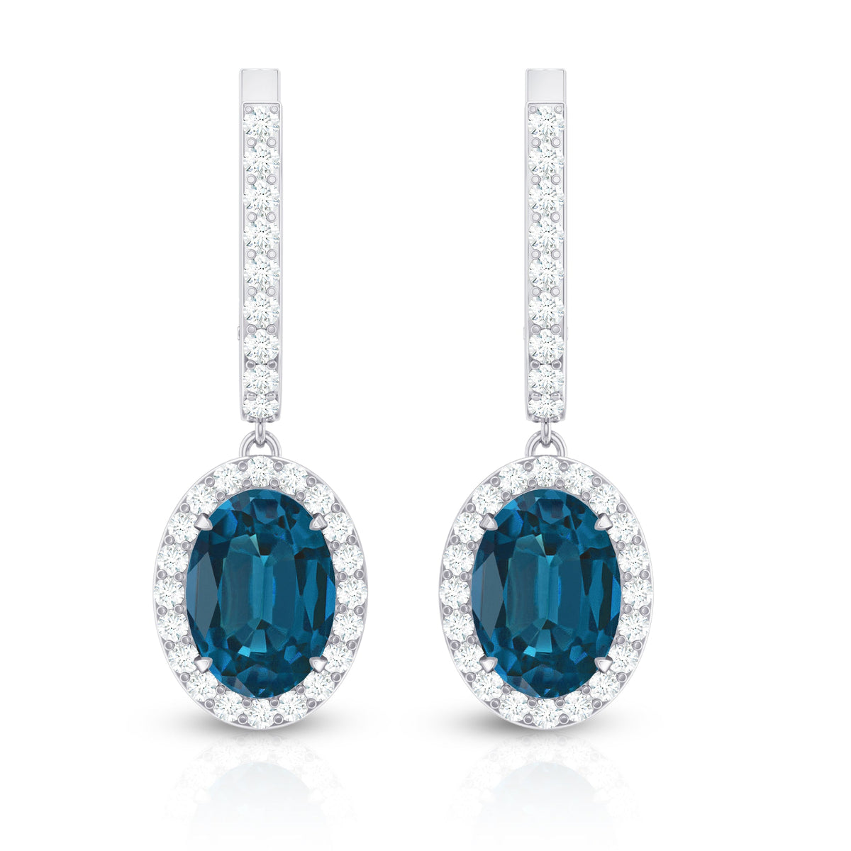 Oval London Blue Topaz and diamond hoop drop earrings by Rosec Jewels featuring 2.2 carats of vibrant blue topaz and sparkling diamonds.