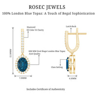 Oval London Blue Topaz and diamond hoop drop earrings by Rosec Jewels featuring 2.2 carats of vibrant blue topaz and sparkling diamonds.
