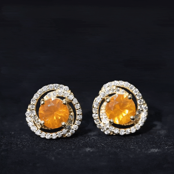 Yellow fire opal and diamond stud earrings by Rosec Jewels featuring sparkling gemstones and a classic earring design.