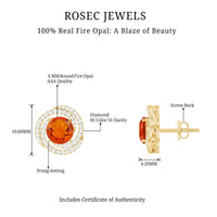 Real fire opal and diamond big stud earrings by Rosec Jewels, showcasing vibrant fire opal gemstones with sparkling diamond accents.
