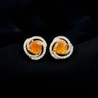 Real fire opal and diamond big stud earrings from Rosec Jewels showing sparkling gemstones set in silver.