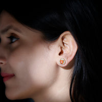Real fire opal and diamond big stud earrings by Rosec Jewels featuring vibrant orange-red fire opals and sparkling diamonds.