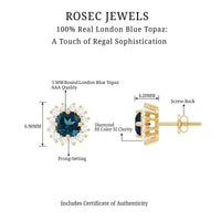 Real London Blue Topaz and Diamond Halo Stud Earrings