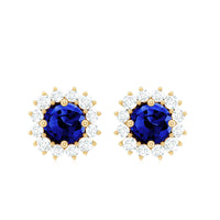 Brilliant Cut Lab Created Blue Sapphire Stud Earrings with Diamond Halo