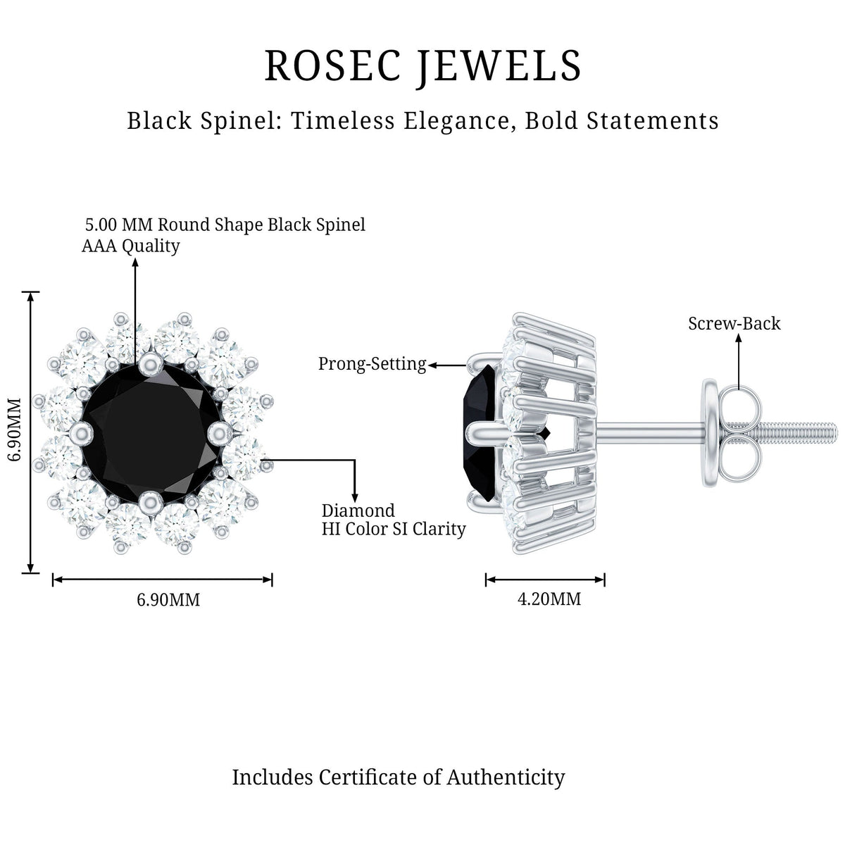Natural Black Spinel Diamond Stud Earrings with Screw Back