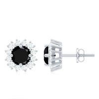 Certified Natural Black Onyx Stud Earrings with Diamond Halo
