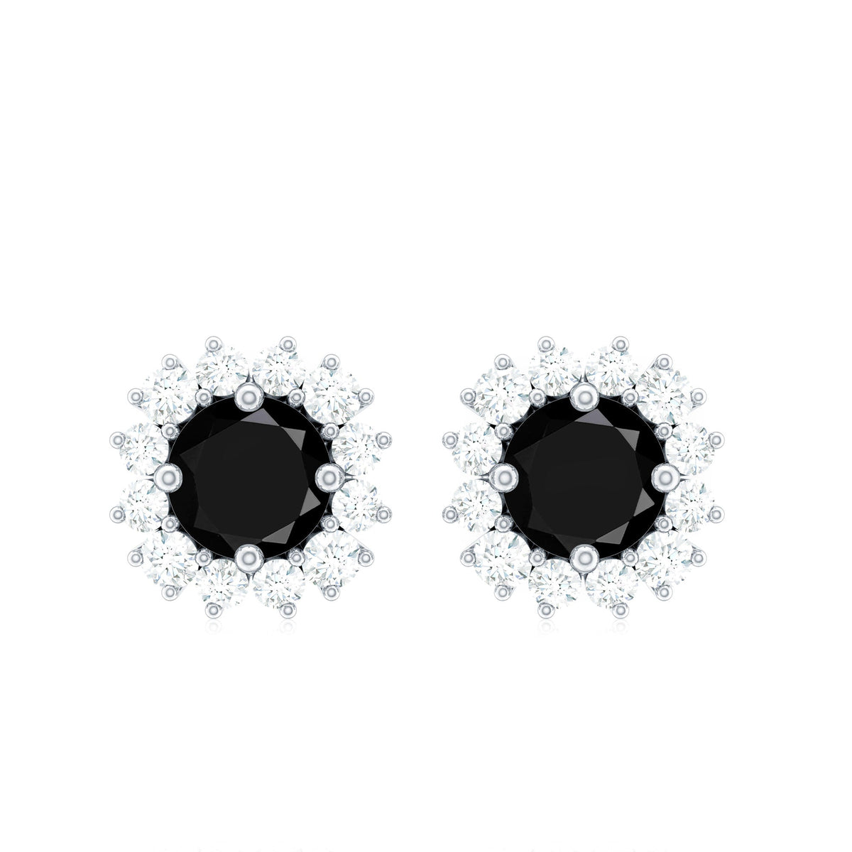 Certified Natural Black Onyx Stud Earrings with Diamond Halo