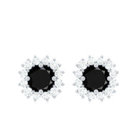 Certified Natural Black Onyx Stud Earrings with Diamond Halo