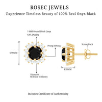 Certified Natural Black Onyx Stud Earrings with Diamond Halo