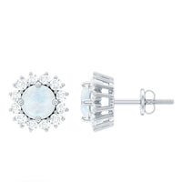 Genuine 0.7 Carat Moonstone Stud Earrings with Diamond Halo