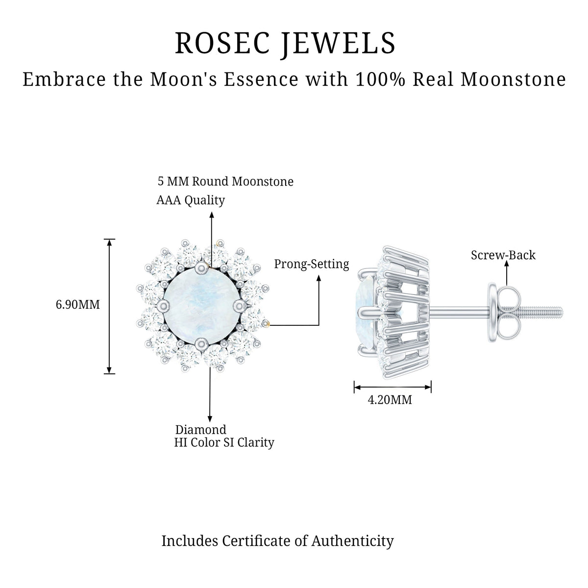 Genuine 0.7 Carat Moonstone Stud Earrings with Diamond Halo