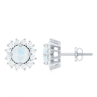 Genuine 0.7 Carat Moonstone Stud Earrings with Diamond Halo