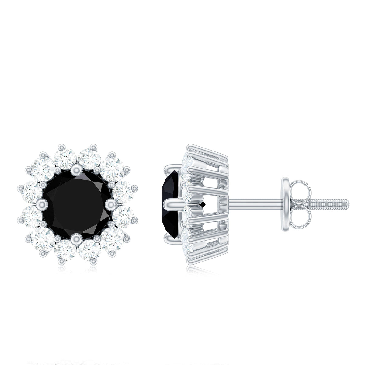Round Lab Created Black and White Diamond Halo Stud Earrings