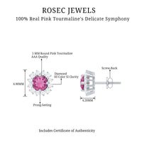 Genuine Pink Tourmaline and Diamond Halo Stud Earrings