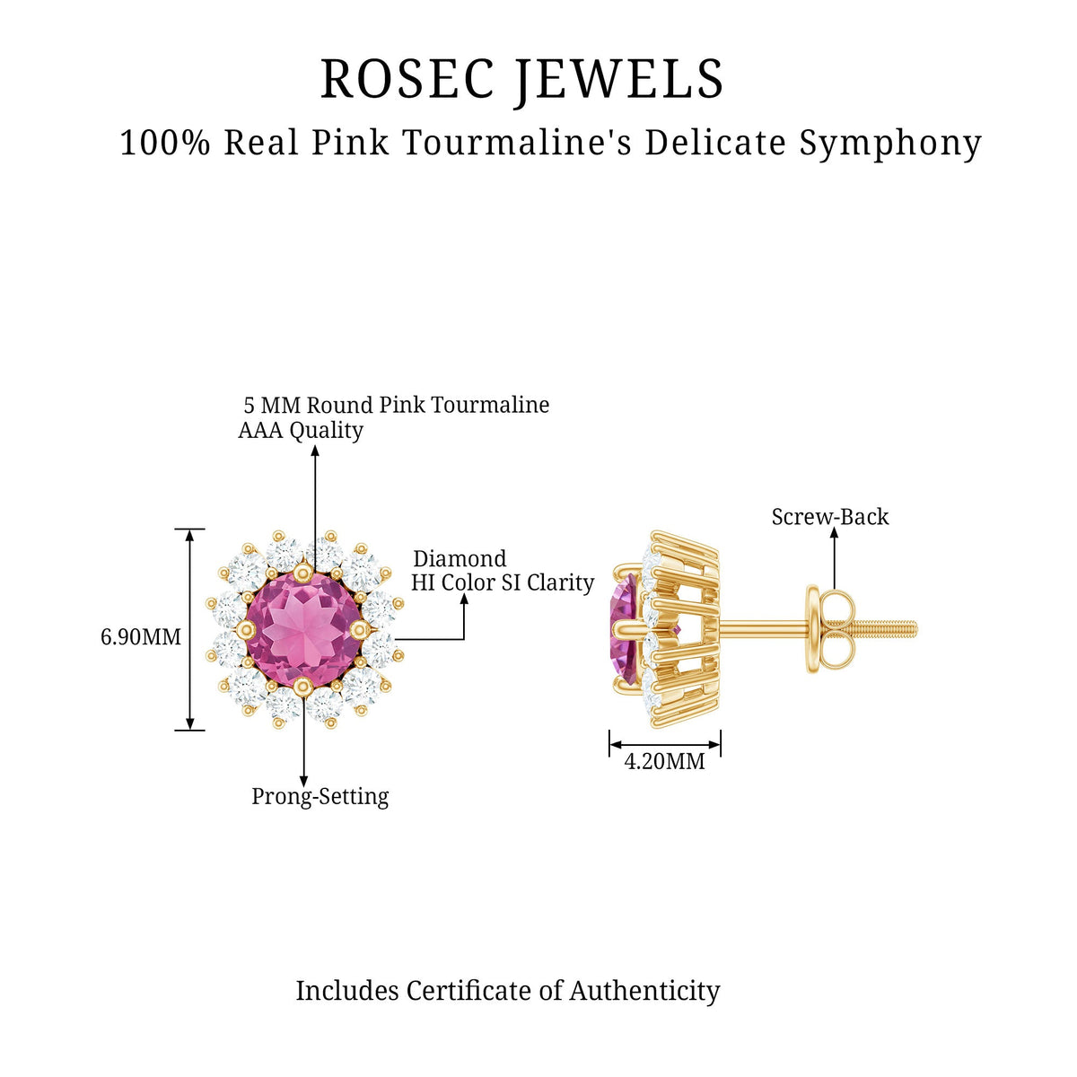 Genuine Pink Tourmaline and Diamond Halo Stud Earrings