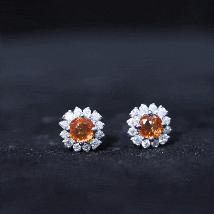Lab-created orange sapphire and diamond stud earrings with rose gold settings, featuring sparkling gemstones and elegant design.