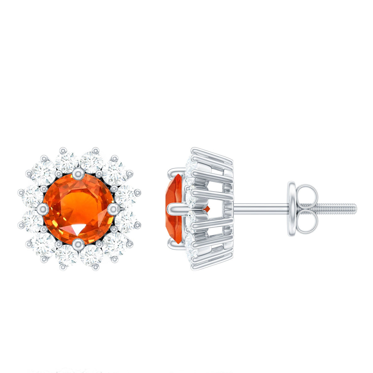 Lab-created orange sapphire and diamond stud earrings from Rosec Jewels with gold setting and sparkling gemstone accents.