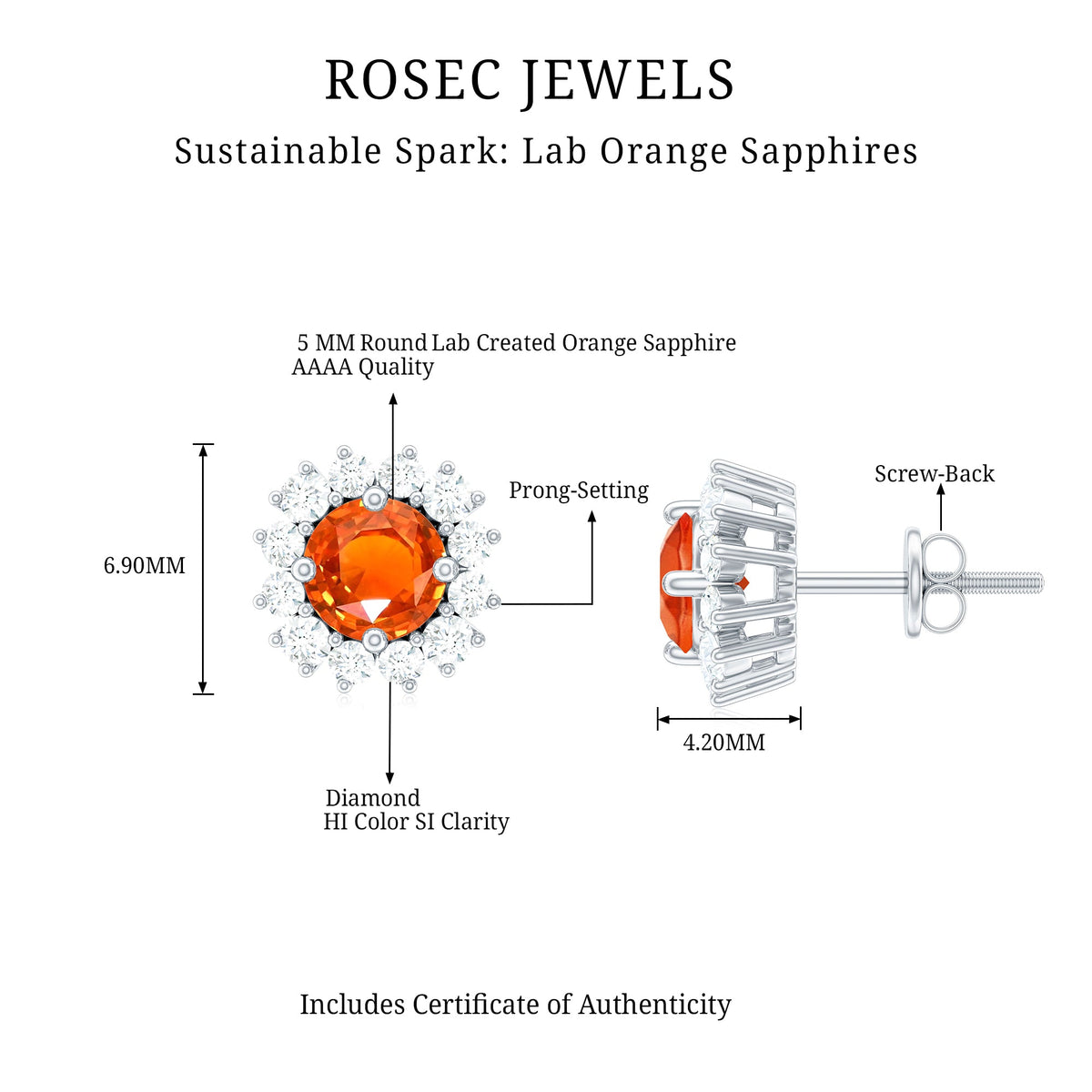Lab-created orange sapphire and diamond stud earrings by Rosec Jewels featuring sparkling gemstones and classic stud design.