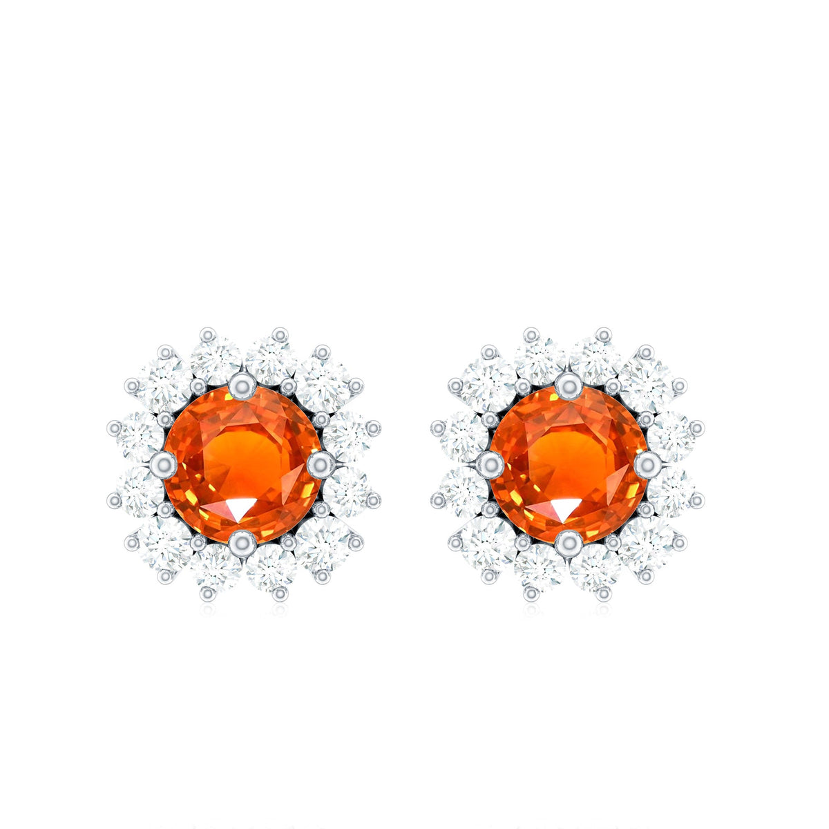 Lab-created orange sapphire and diamond stud earrings by Rosec Jewels featuring vibrant gemstones and elegant metal settings.