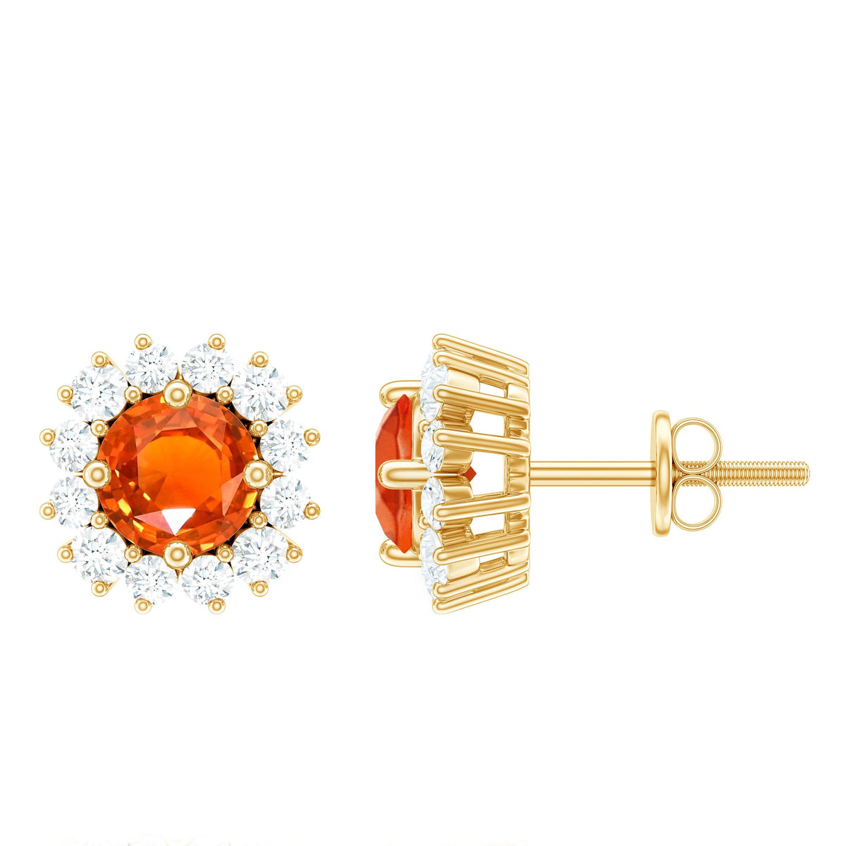 Lab-created orange sapphire and diamond stud earrings featuring a classic design, set in elegant jewelry style.