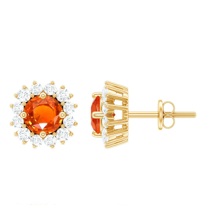 Lab-created orange sapphire and diamond stud earrings featuring a classic design, set in elegant jewelry style.