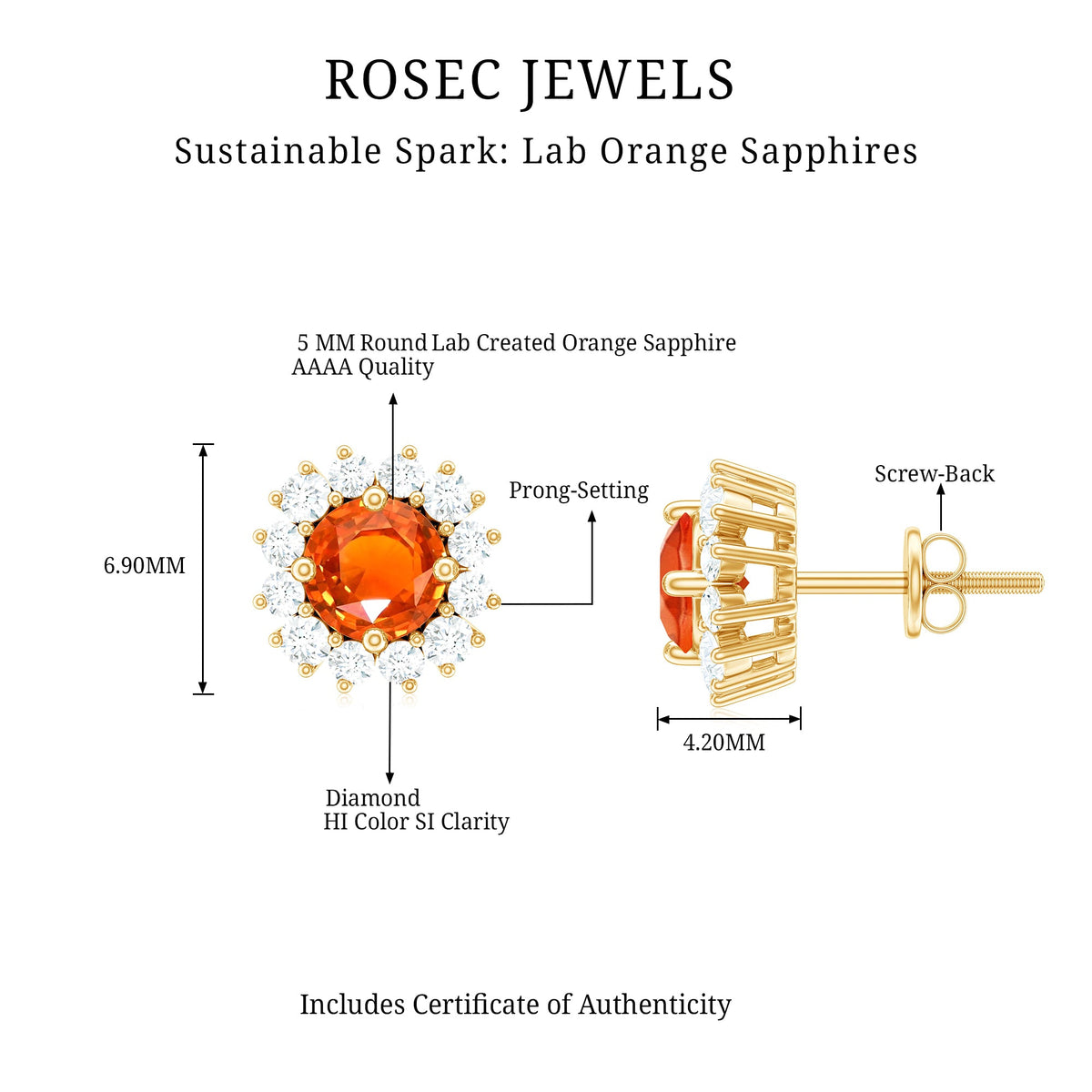 Lab-created orange sapphire and diamond stud earrings by Rosec Jewels featuring sparkling gemstones and classic stud design.