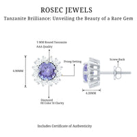 Natural 1 Carat Tanzanite Stud Earrings with Diamond Halo