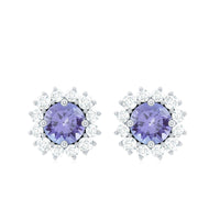 Natural 1 Carat Tanzanite Stud Earrings with Diamond Halo