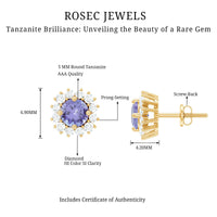 Natural 1 Carat Tanzanite Stud Earrings with Diamond Halo
