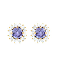 Natural 1 Carat Tanzanite Stud Earrings with Diamond Halo