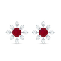 Natural Ruby Flower Stud Earrings with Diamond for Women