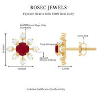 Natural Ruby Flower Stud Earrings with Diamond for Women