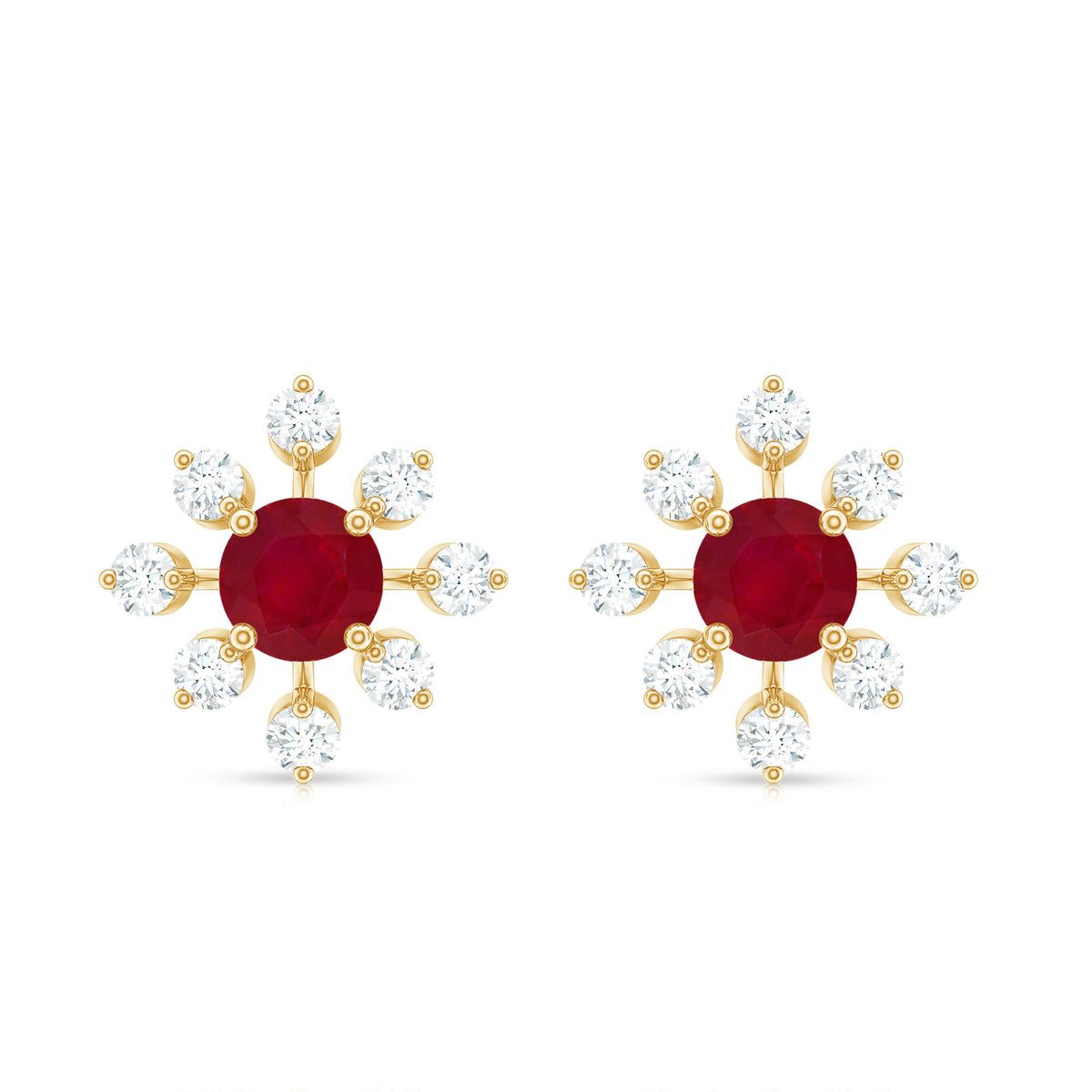 Natural Ruby Flower Stud Earrings with Diamond for Women