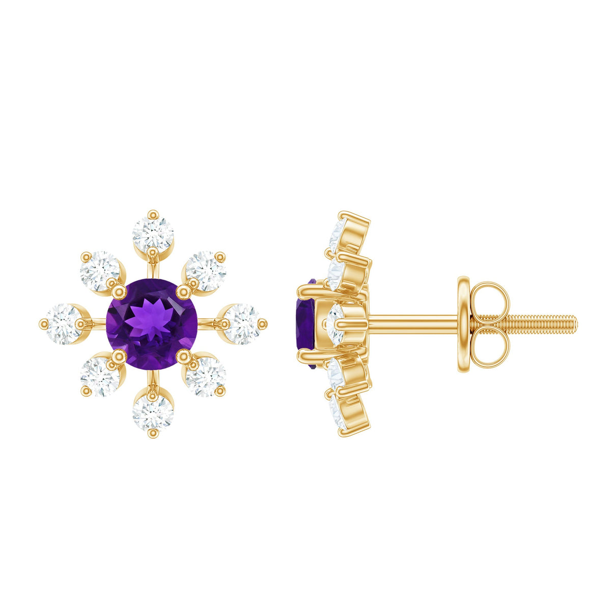 Natural Amethyst Diamond Snowflake Earrings with Screw Back