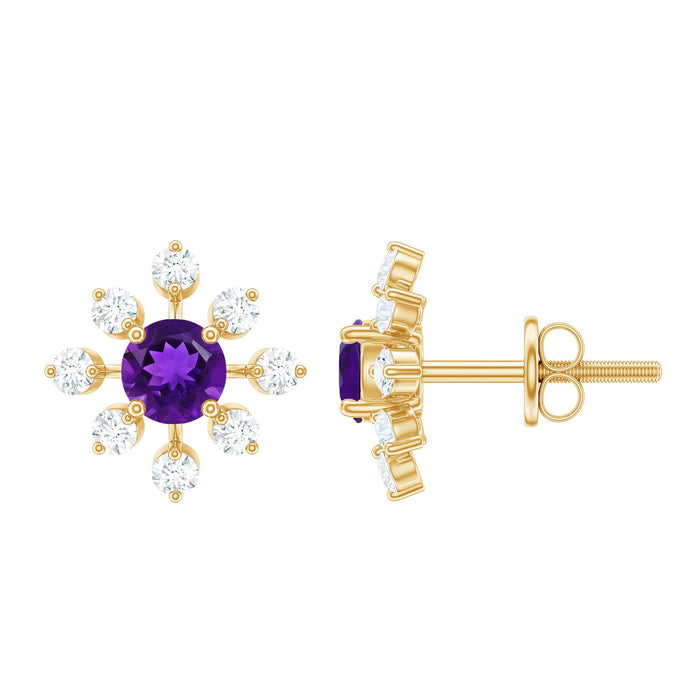 Natural amethyst diamond snowflake earrings with screw back from Rosec Jewels, featuring intricate snowflake design and sparkling gemstones.