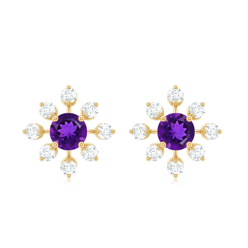 Natural amethyst and diamond snowflake earrings with screw back from Rosec Jewels, showcasing intricate gemstone and metal detailing.