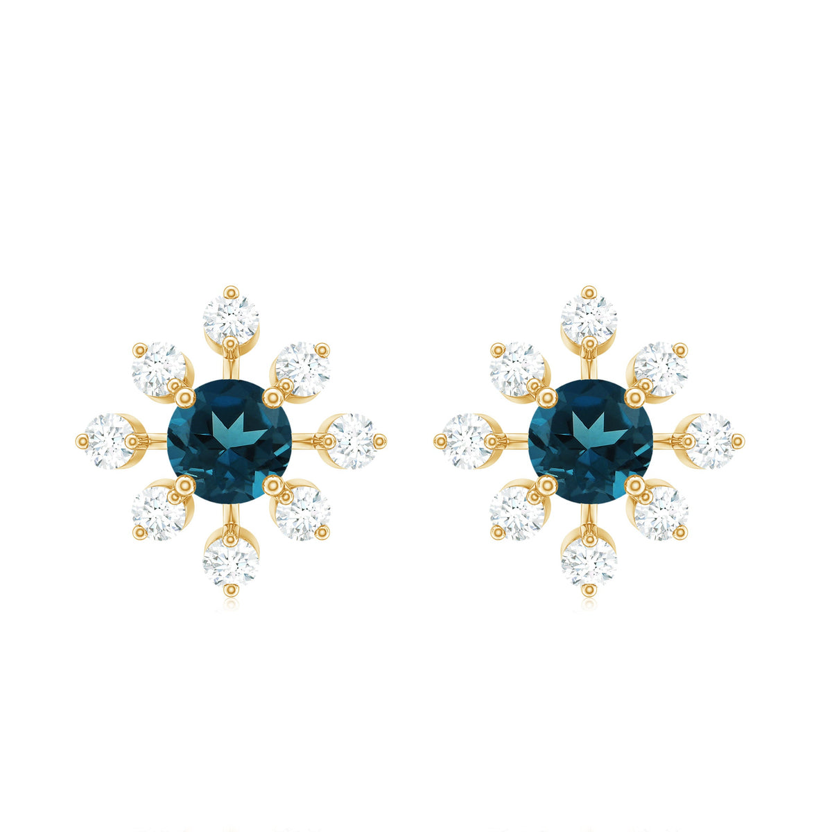 Genuine London Blue Topaz and Diamond Flower Stud Earrings