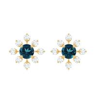 Genuine London Blue Topaz and Diamond Flower Stud Earrings