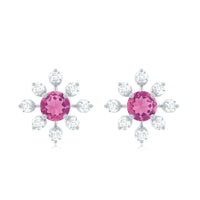 Natural Pink Tourmaline Flower Stud Earrings with Diamond