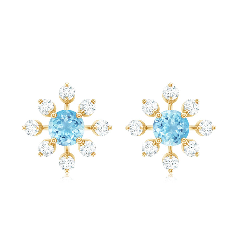 Certified real aquamarine snowflake earrings with diamonds by Rosec Jewels, featuring intricate snowflake design and sparkling gemstones.