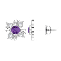 1/2 CT Round Shape Amethyst and Diamond Sunburst Stud Earrings
