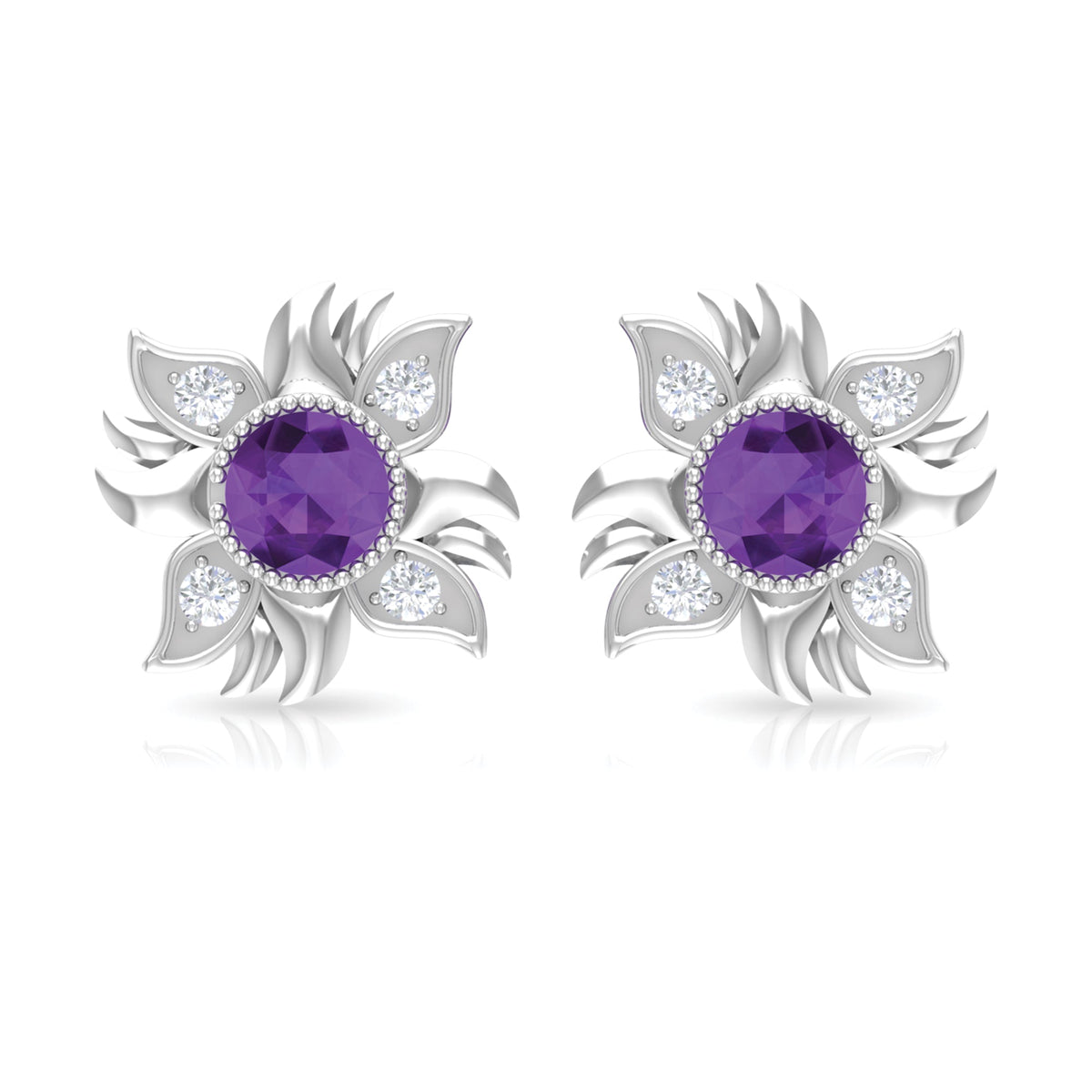 1/2 CT Round Shape Amethyst and Diamond Sunburst Stud Earrings
