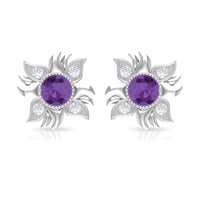 1/2 CT Round Shape Amethyst and Diamond Sunburst Stud Earrings