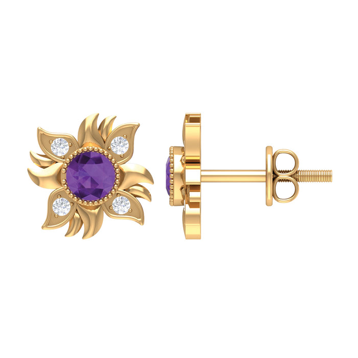 Round 1/2 CT amethyst and diamond sunburst stud earrings by Rosec Jewels featuring vibrant purple gemstones and sparkling accents.