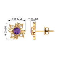 1/2 CT Round Shape Amethyst and Diamond Sunburst Stud Earrings