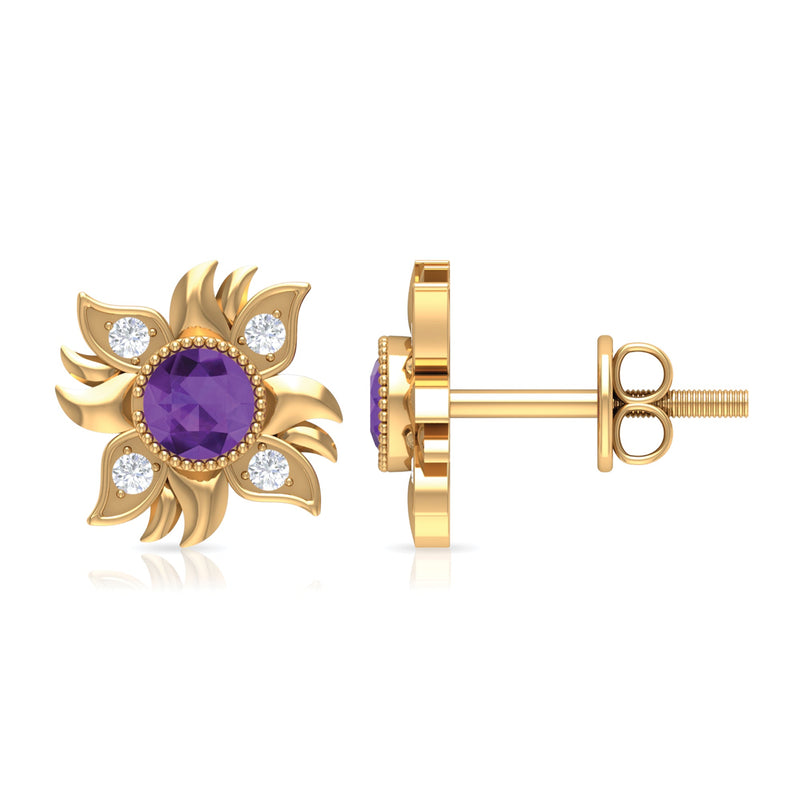 Round shape amethyst and diamond sunburst stud earrings by Rosec Jewels featuring 1/2 carat total weight.