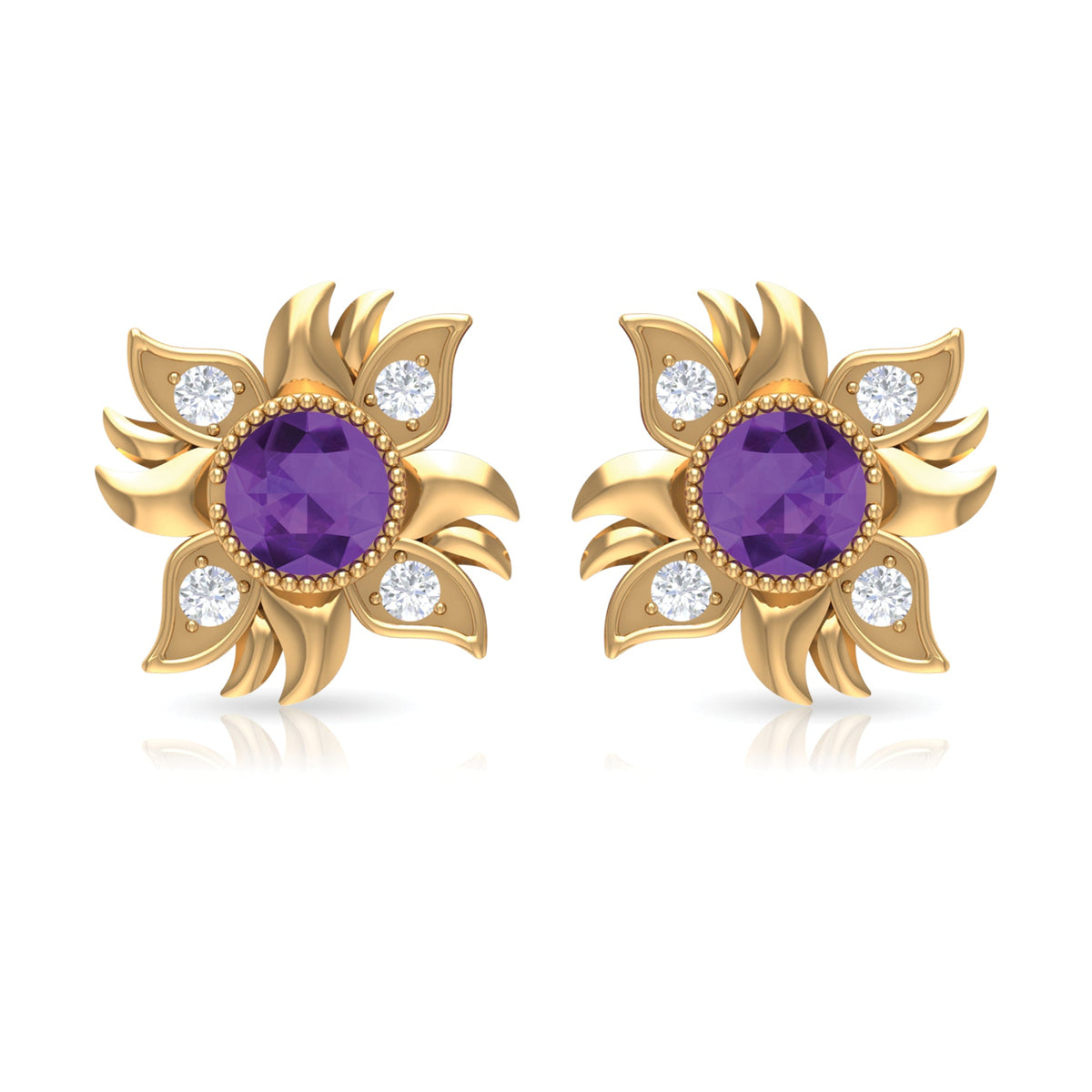 1/2 CT Round Shape Amethyst and Diamond Sunburst Stud Earrings