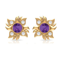 1/2 CT Round Shape Amethyst and Diamond Sunburst Stud Earrings